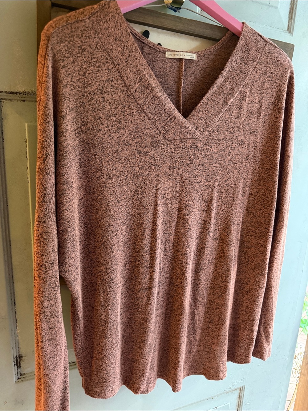 M-L ACTIVE Stretchy V Neck Cozy Long Sleeve Sweater - Dusty Rose